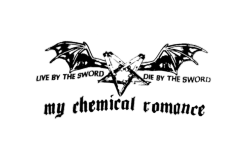 a my chemical romance logo with a bat, a pentagram, and the text “live by the sword, die by the sword”